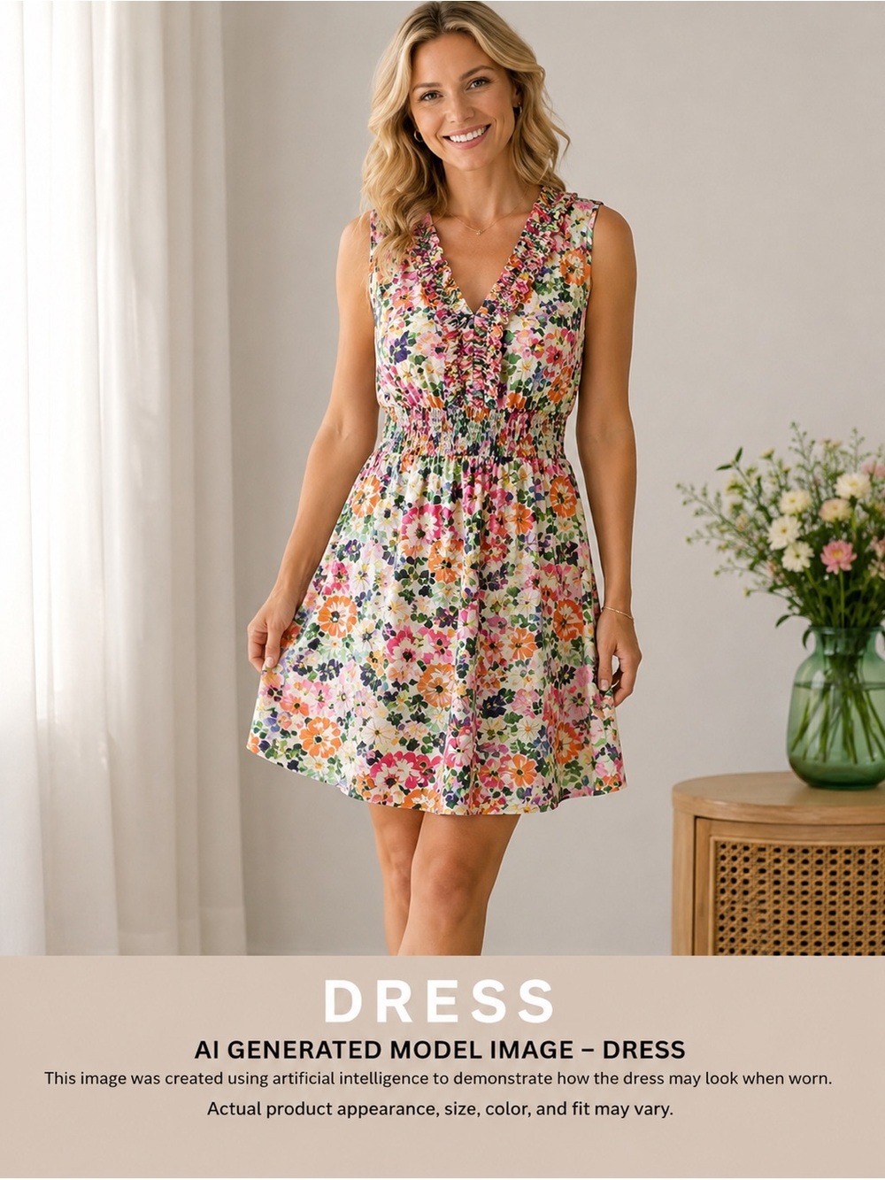 Dressbarn Elegant Cream Dress Sundress Floral Design Full Lined Ruffels